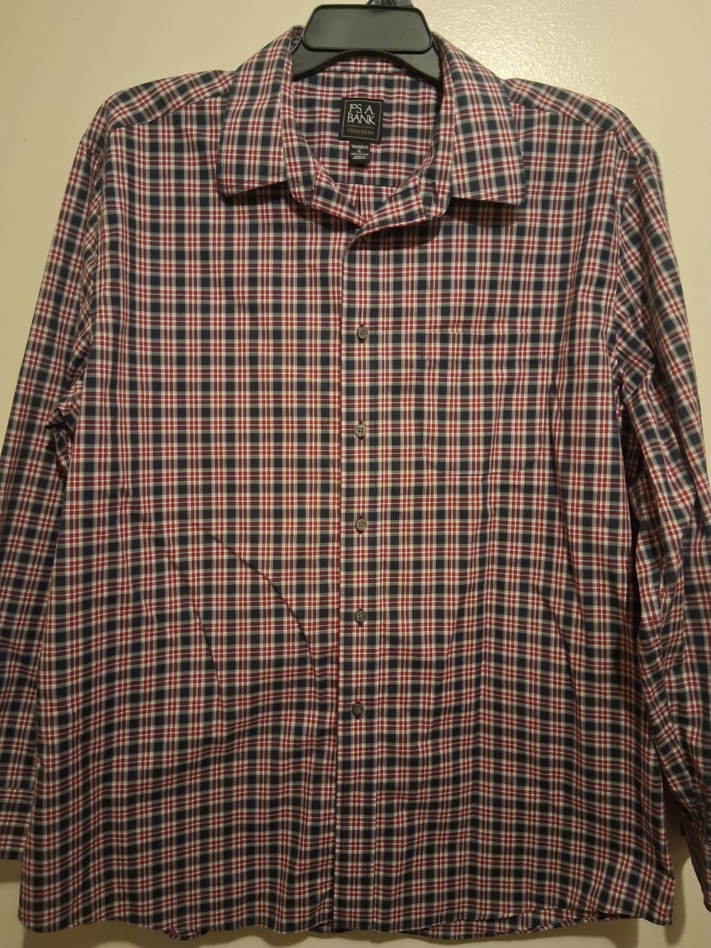 Jos. A. Bank Red and Navy Plaid Dress Shirt Xl Tailored Fit